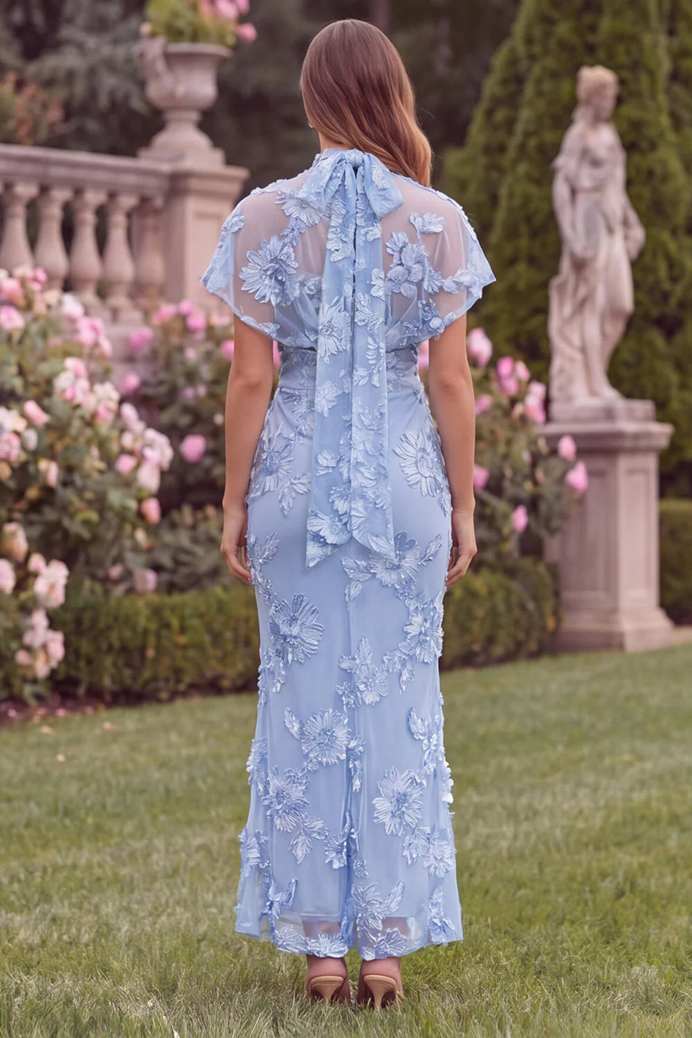 Lilac V Neck Mermaid Floral Wedding Guest Dress with Scarf