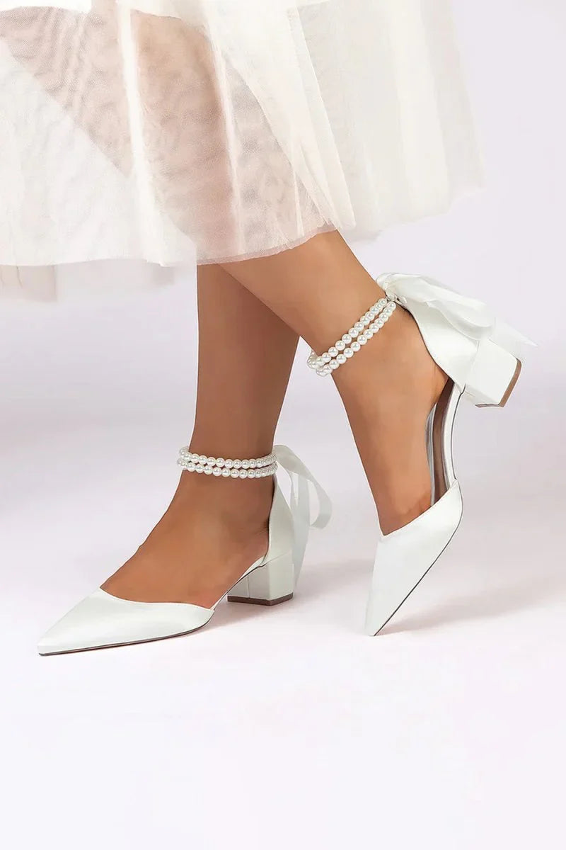 Pointed Toe Double Pearl Ankle Strap Party Shoes With Ribbon Tie