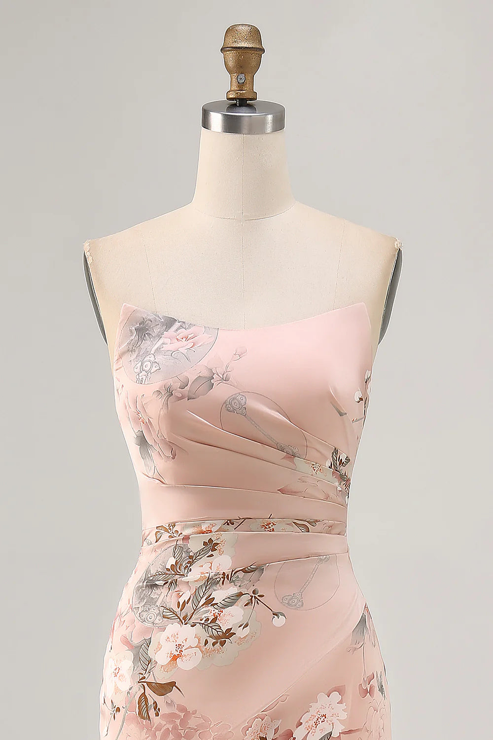 Blush Sheath Strapless Satin Print Long Flower Bridesmaid Dress with Slit
