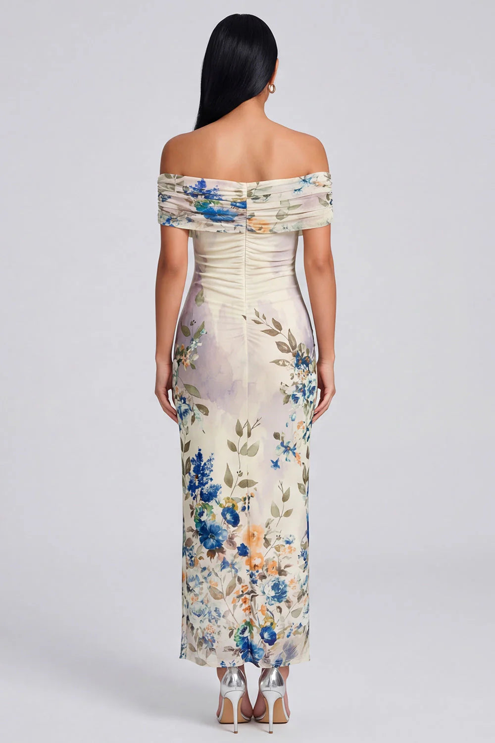 Off the Shoulder Ivory Sheath Floral Wedding Guest Dress
