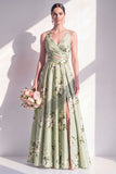 Sage Green A Line Floral Cut Out Bridesmaid Dress with Slit