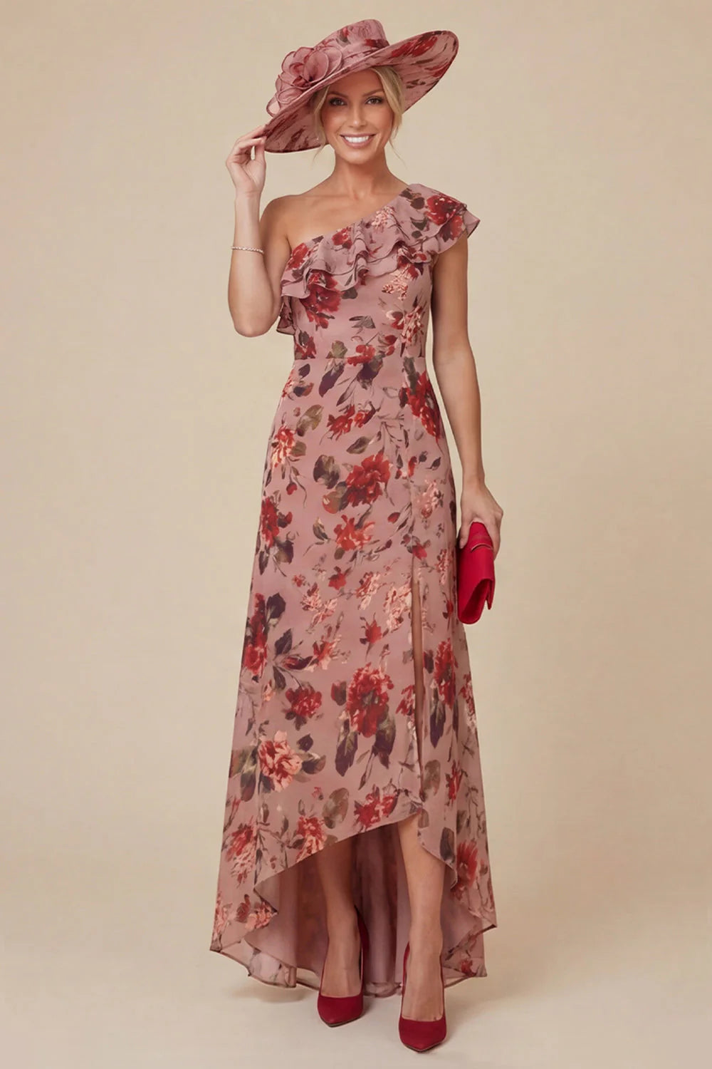 Floral Dusty Rose One Shoulder Ruffled Mother of the Bride Dress with Slit