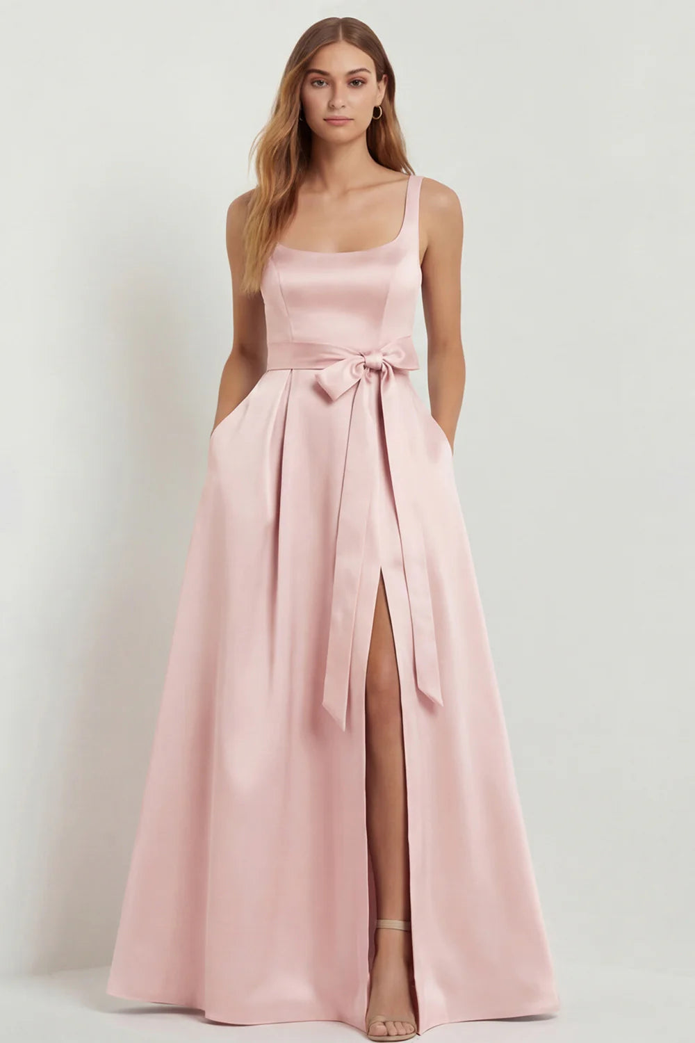 Light Blue A Line Square Neck Bow Satin Long Bridesmaid Dress with Slit