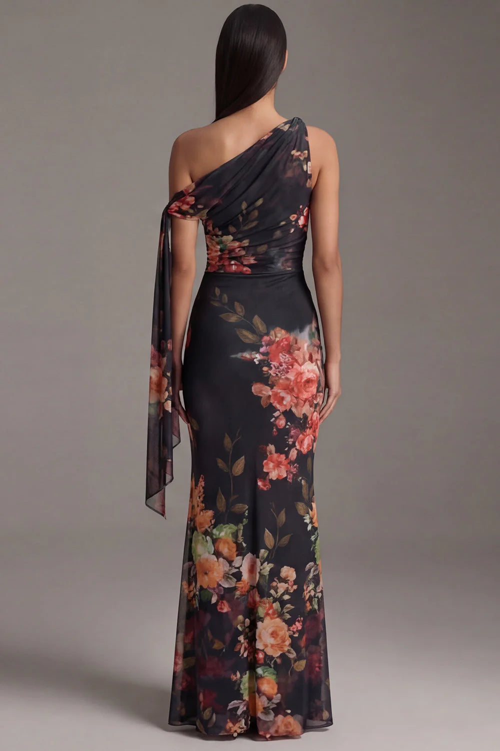 Asymmetrical Neck Black Mermaid Printed Long Formal Dress