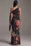 Asymmetrical Neck Black Mermaid Printed Long Formal Dress