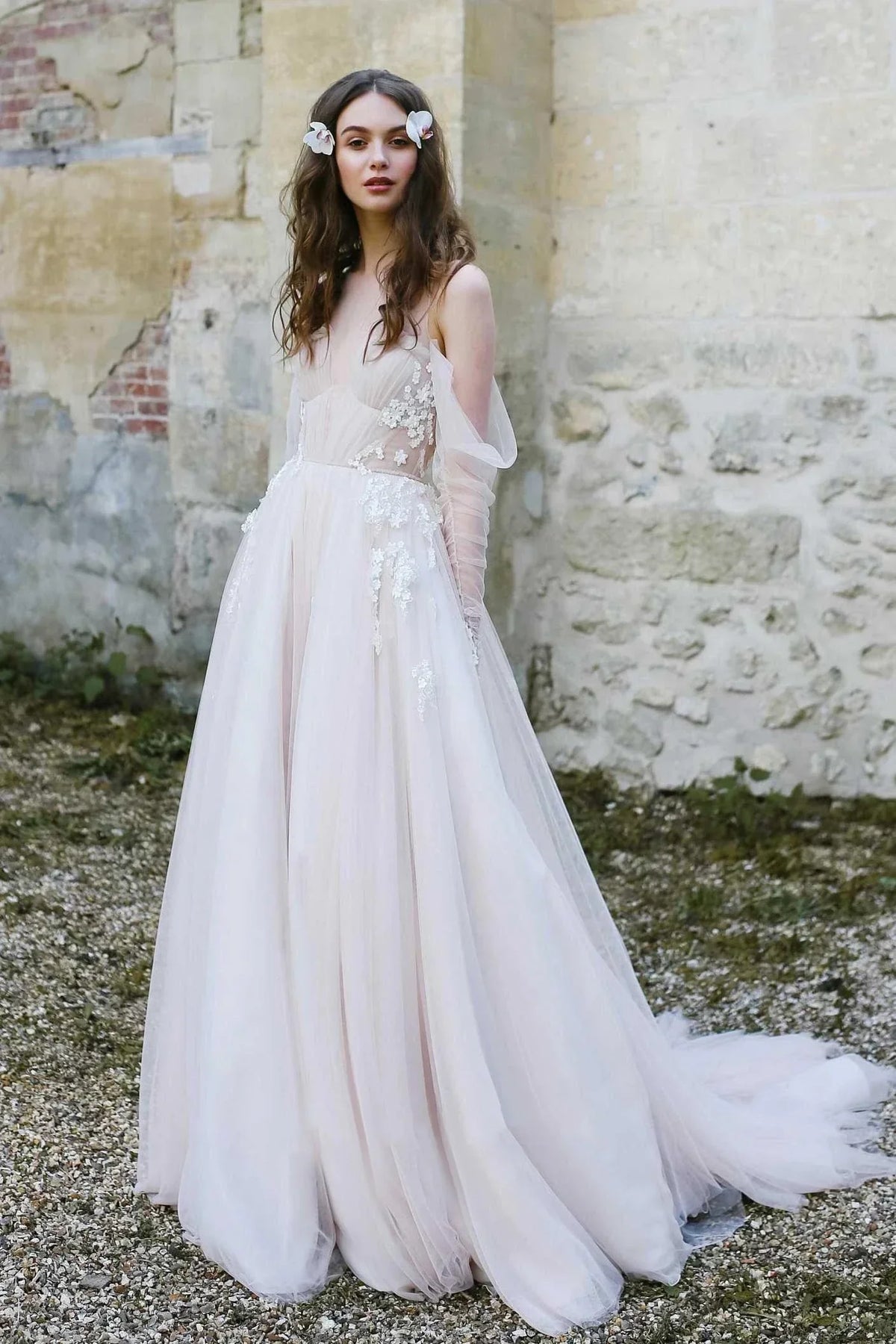 Illusion Off the Shoulder Tulle Sweep Train Flower Appliqued Wedding Dresses