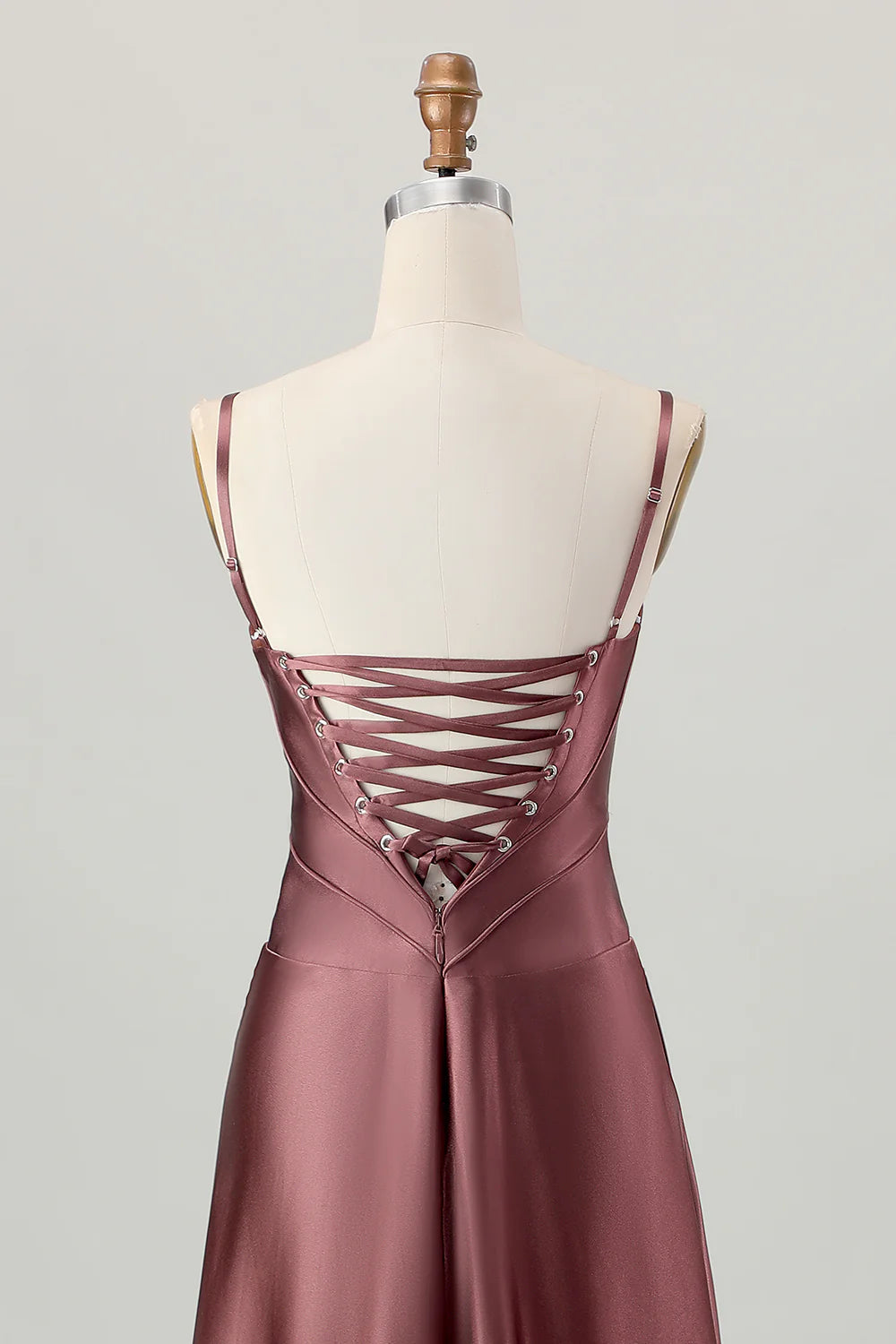 Dusty Sage A Line Spaghetti Straps Satin Long Bridesmaid Dress with Lace Up Back