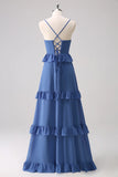 Dark Blue A Line Chiffon Tiered Long Bridesmaid Dress with Lace Up Back