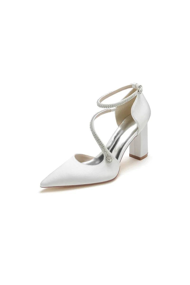 White Satin Pump with Cross Strap and Beaded Buckle
