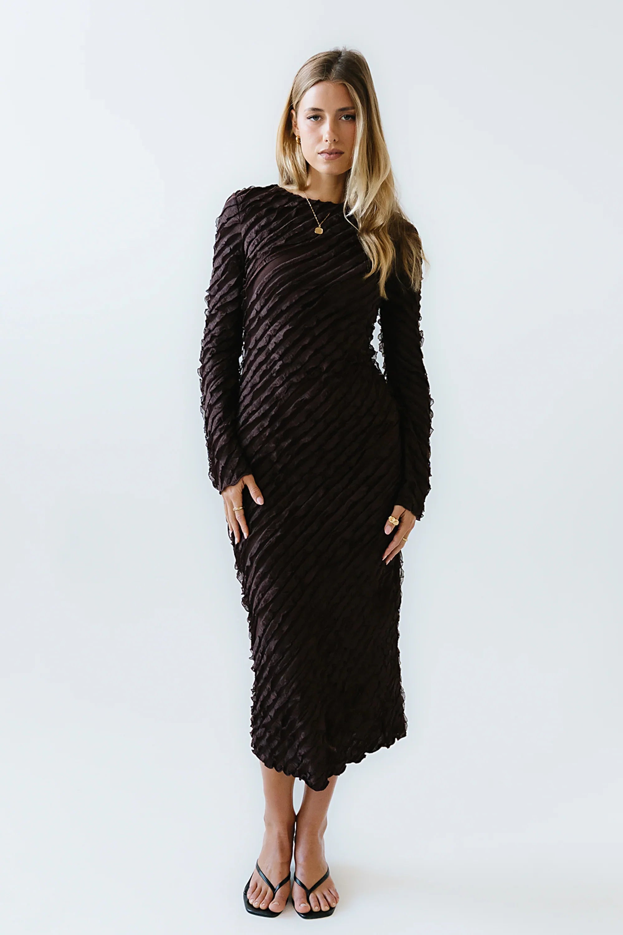 Bell Ruffle Maxi Dress in Brown