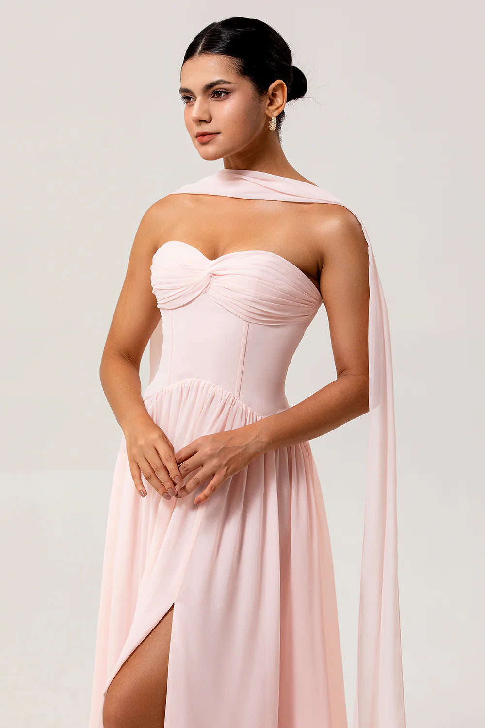 Blush A Line Strapless Ruched Corset Chiffon Convertible Long Plus Size Bridesmaid Dress with Slit