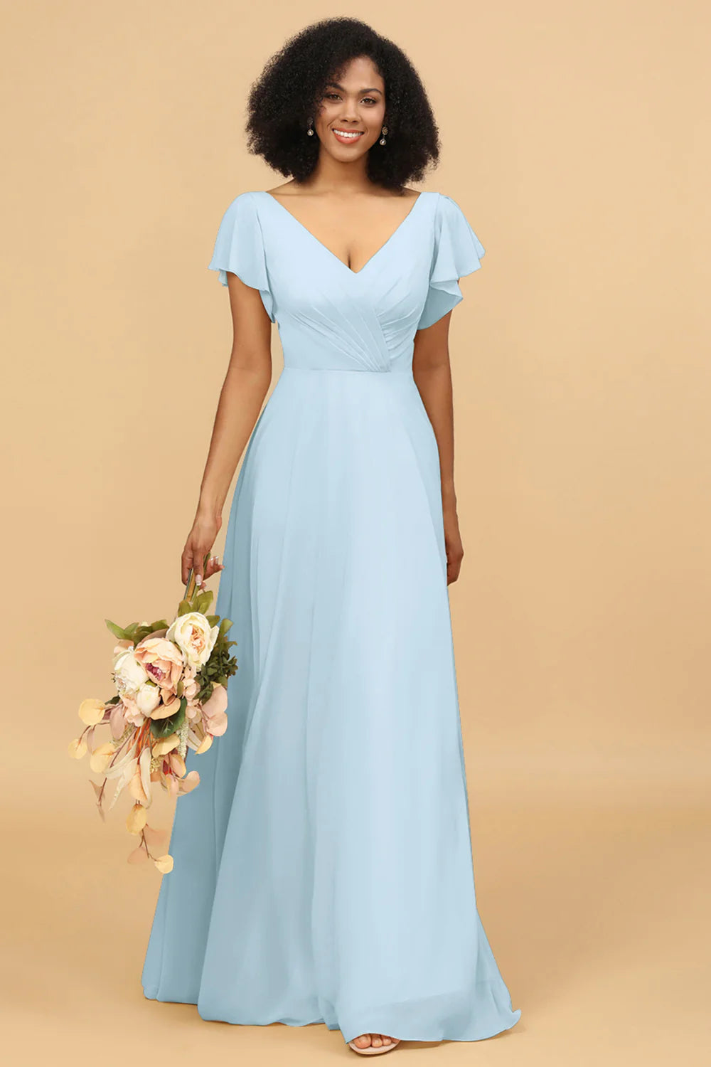 V Neck Cape Long Floor Length Chiffon Bridesmaid Dress