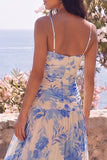 Blue Flower Spaghetti Straps A Line Wedding Guest Dress