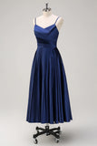 Dark Navy A Line Spaghetti Straps Pleated Midi Dress