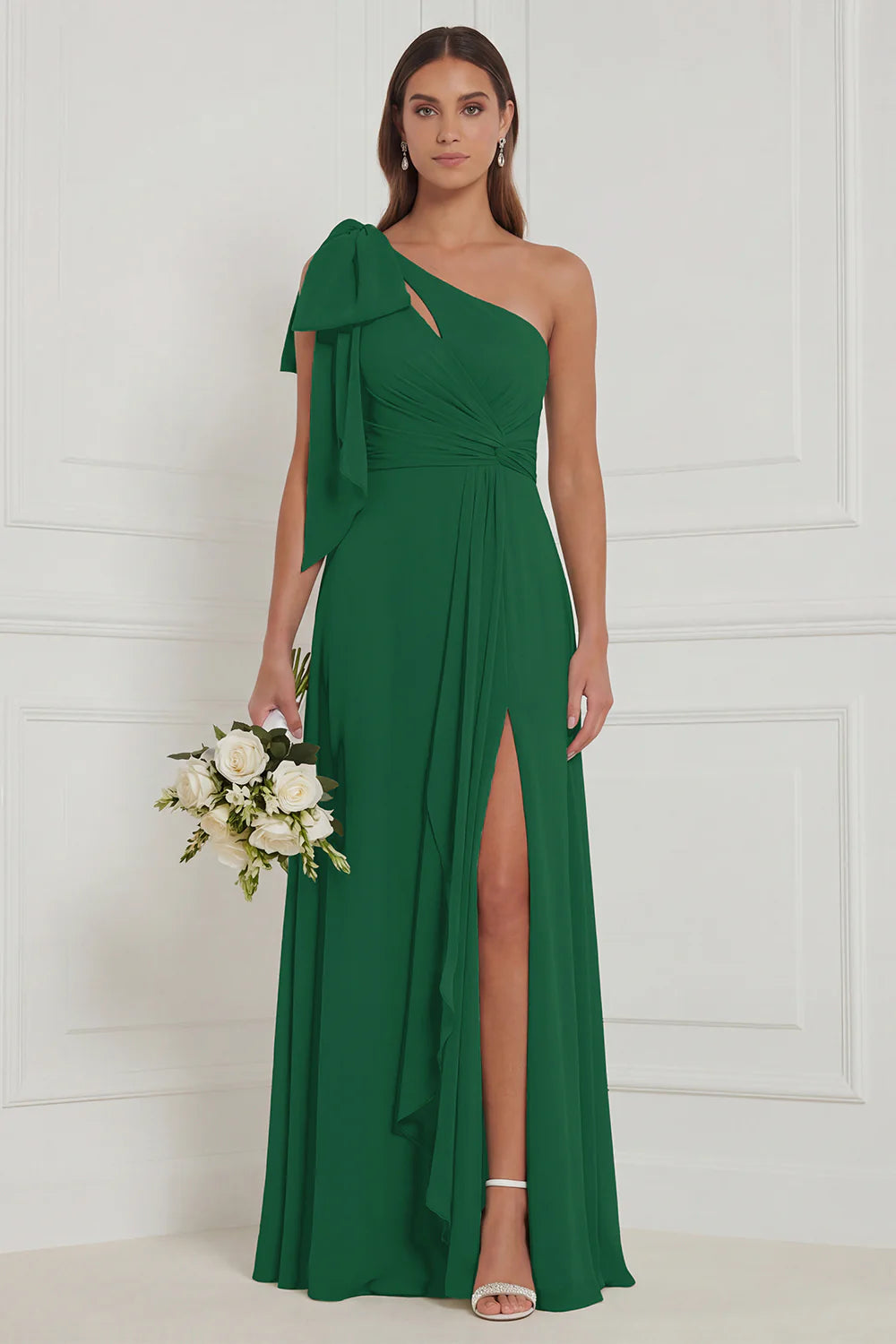 Sage A Line One Shoulder Long Bridesmaid Dress with Slit