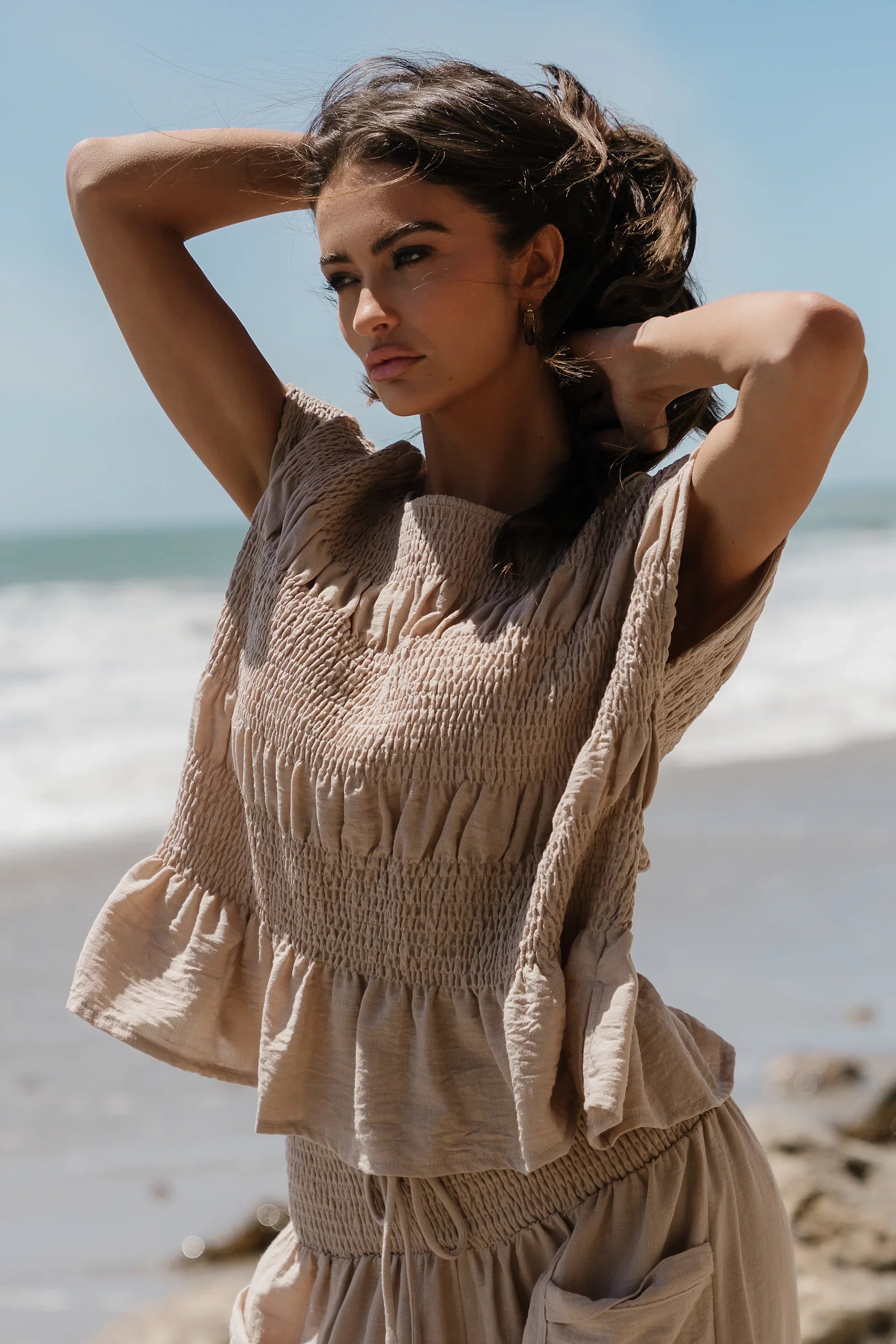 Ashton Smocked Top in Taupe