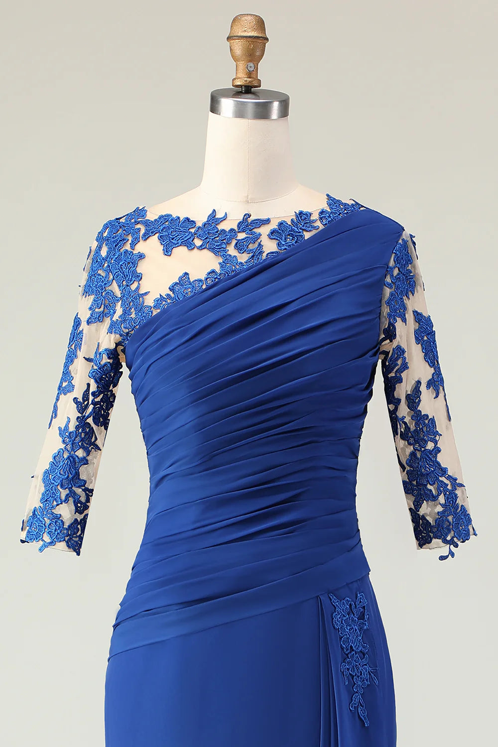 Royal Blue Mermaid Ruched Half Sleeves Mother Of The Bride Dress with Appliques