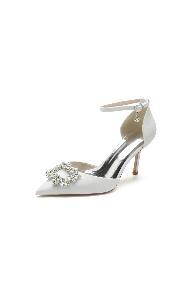 Pointed Toe Ankle Strap Stiletto Heels With Rhinestone
