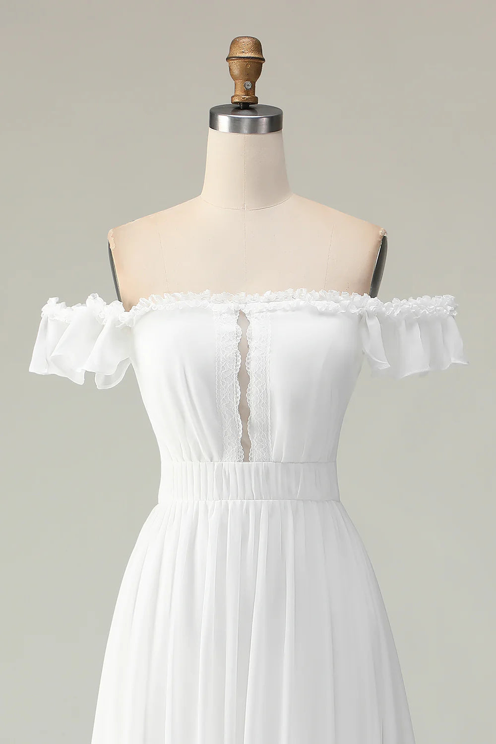 White A Line Off The Shoulder High Low Cut Out Wedding Dress with Ruffles