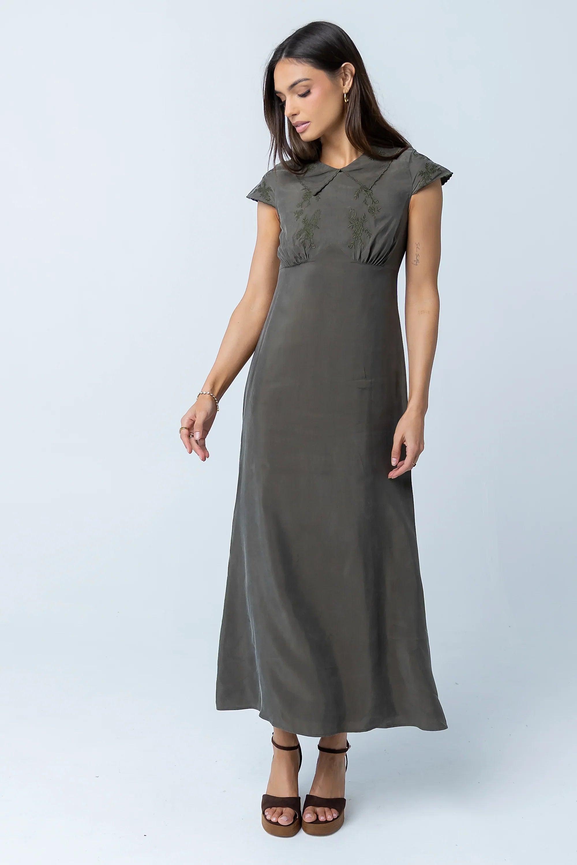Tammy Embroidered Maxi Dress in Olive