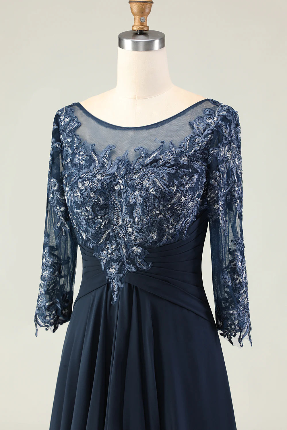 Navy Scoop Neck Appliqued A Line Long Chiffon Dress with 3 4 Sleeves