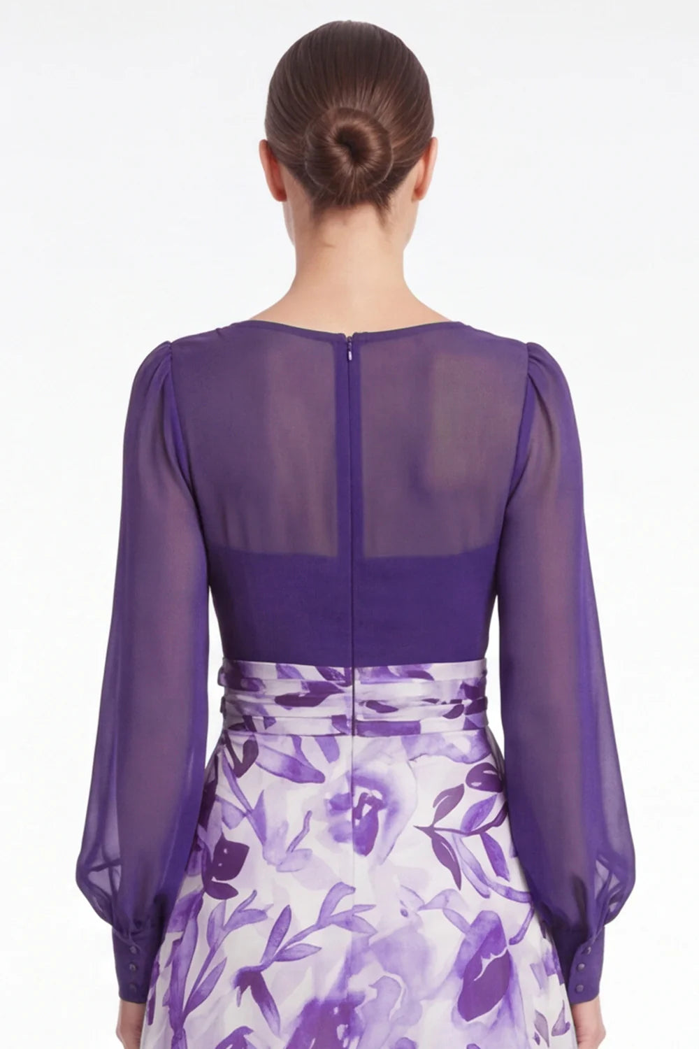 A Line Blue Flower V Neck Mother of the Bride Dress with Long Sleeves