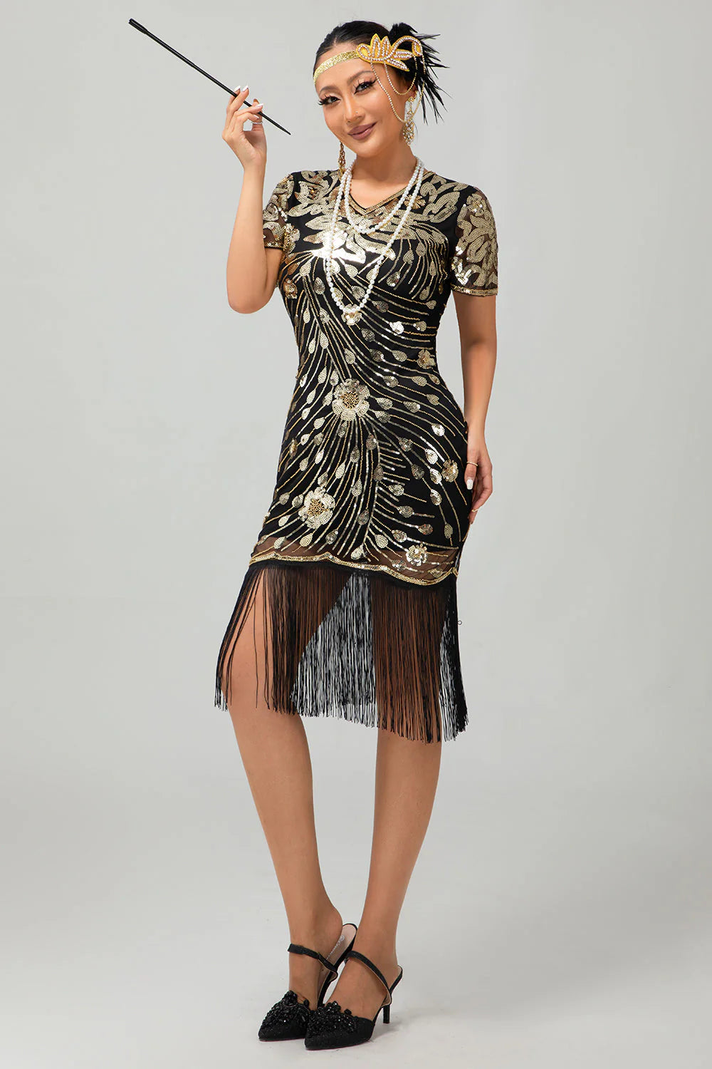 Sparkly Black Golden Gatsby Sequins Short 1920s Dress with Fringes