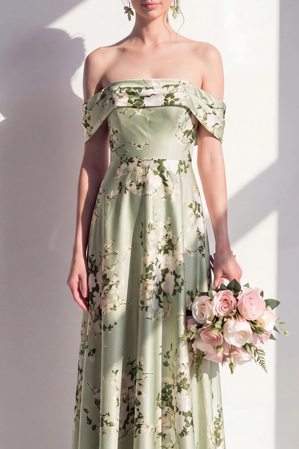 Off the Shoulder A Line Sage Green Floral Bridesmaid Dress