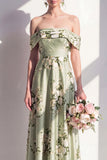 Off the Shoulder A Line Sage Green Floral Bridesmaid Dress