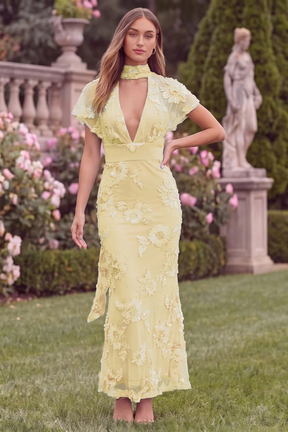 Lilac V Neck Mermaid Floral Wedding Guest Dress with Scarf