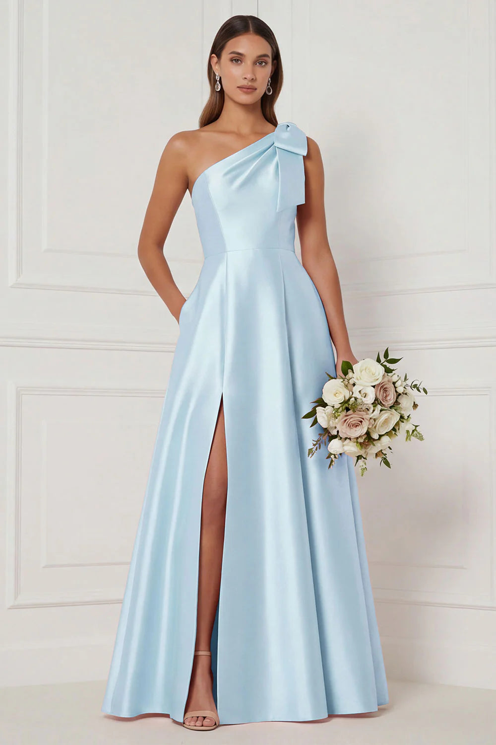 One Shoulder A Line Satin Pink Bridesmaid Dress with Slit