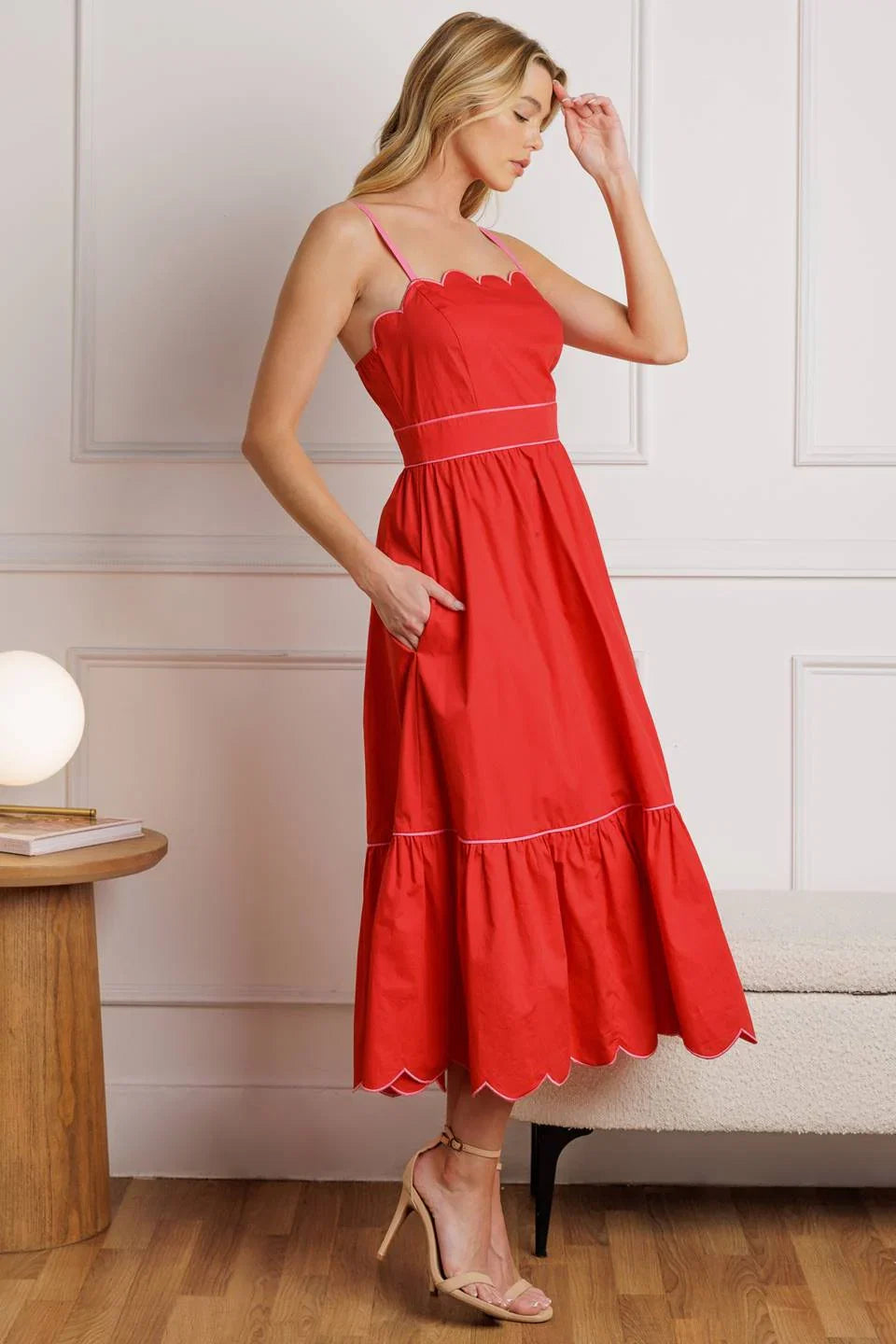 SWEET DREAMS RED PINK SCALLOPED EDGE MIDI DRESS