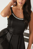 PEARL TRIM BLACK SATIN MIDI DRESS FINAL SALE