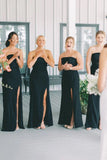 Black Strapless Long Bridesmaid Dresses with Slit