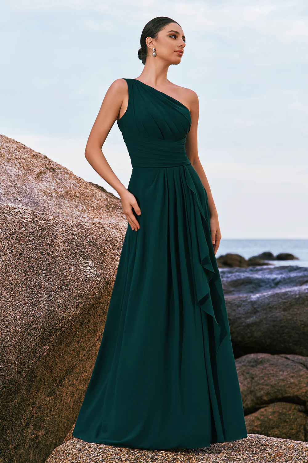 Dark Green One Shoulder Chiffon Pleated A Line Long Bridesmaid Dress