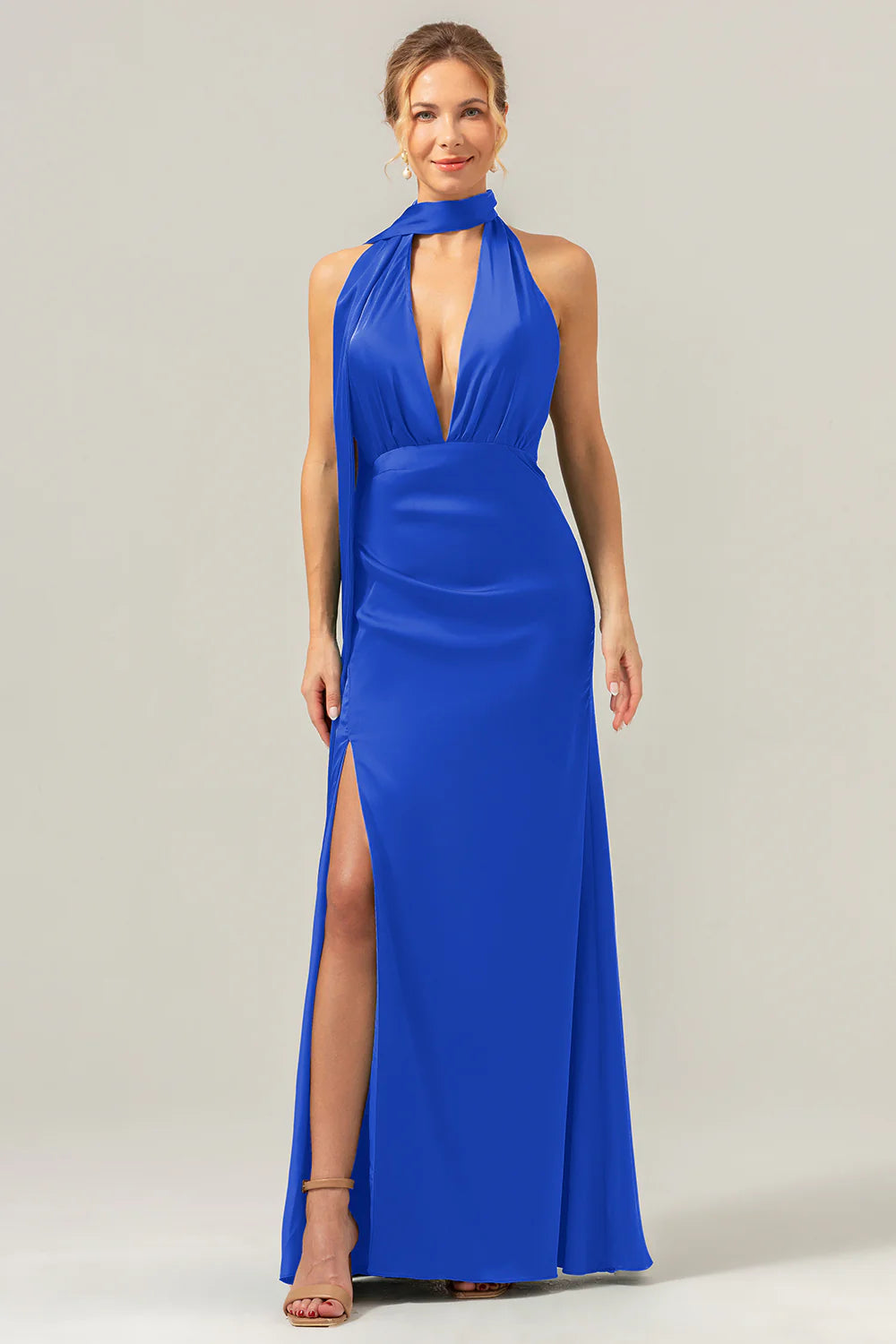 Peacock Sheath Deep V Neck Open Back Convertible Long Satin Bridesmaid Dress with Streamer