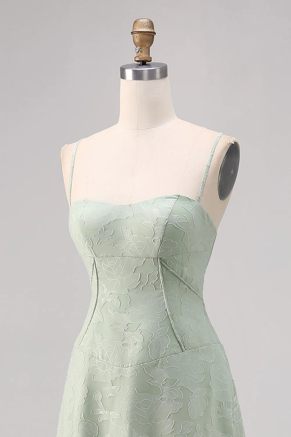 Sage Green A Line Spaghetti Straps Floral Burnout Bridesmaid Dress
