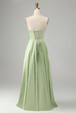 Green A Line Strapless Pleated Hollow Out Long Bridesmaid Dress With Slit