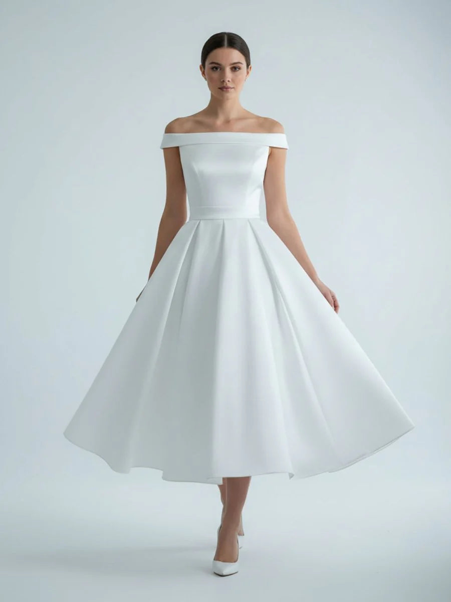 Sleeveless Tea Length Satin Wedding Dress With Sash And Off The Shoulder Neck