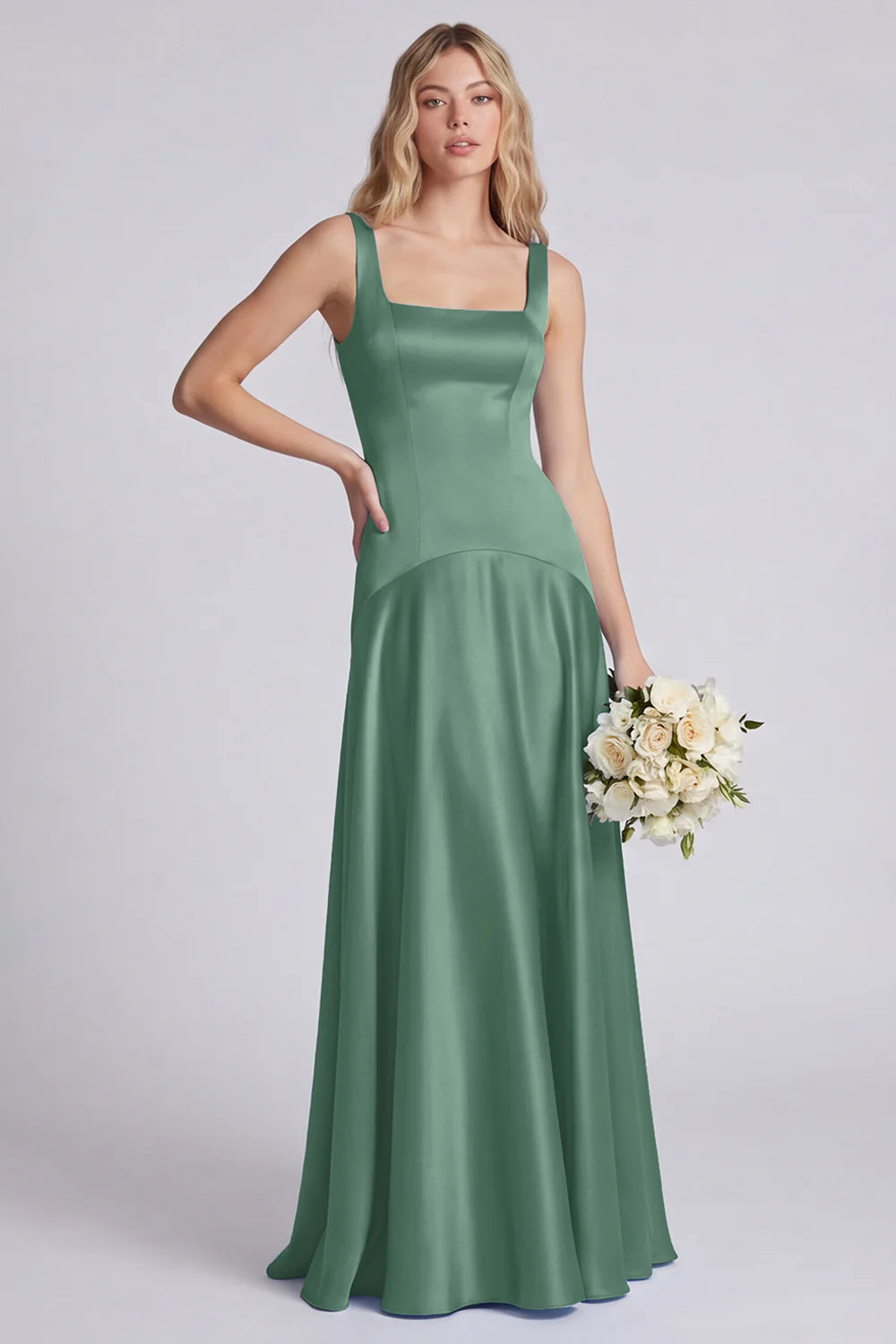 Eucalyptus Square Neck A Line Satin Long Bridesmaid Dress