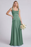 Eucalyptus Square Neck A Line Satin Long Bridesmaid Dress