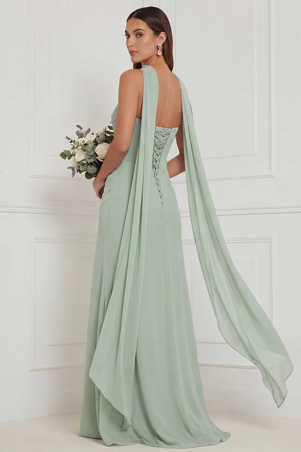 Strapless Ruched Sage Bridesmaid Dress with Scarf