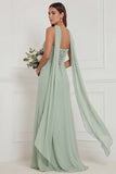 Strapless Ruched Sage Bridesmaid Dress with Scarf
