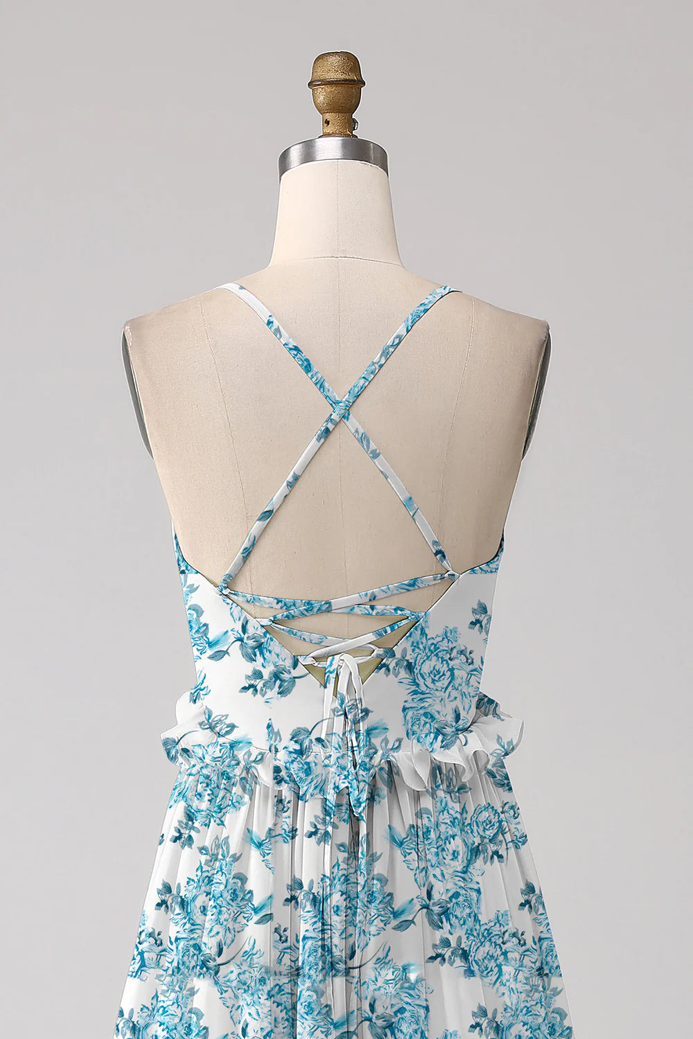 Blue Flower A Line Spaghetti Straps Backless Long Bridesmaid Dress With Ruffles