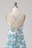 Blue Flower A Line Spaghetti Straps Backless Long Bridesmaid Dress With Ruffles