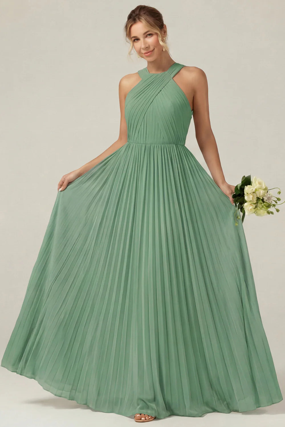 Dusty Sage A Line Halter Pleated Long Bridesmaid Dress