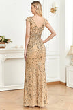 Sparkly Golden Sheath V Neck Long Formal Dress with Beading