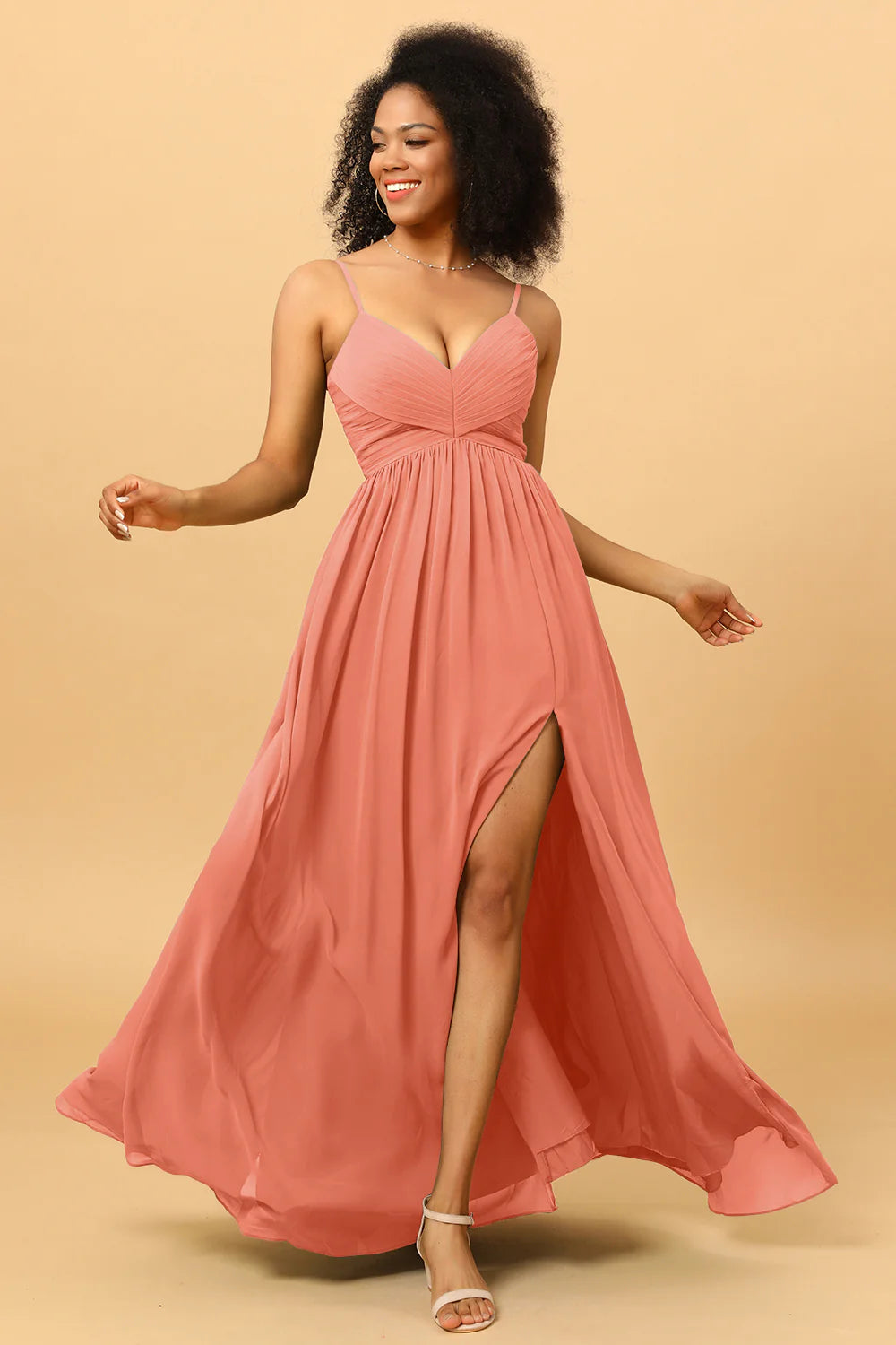 A Line Spaghetti Straps Ruched Long Chiffon Bridesmaid Dress with Slit