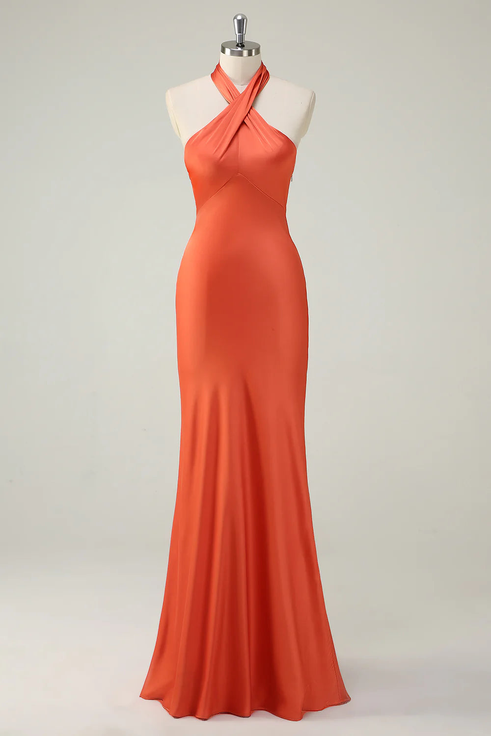 Elegant Orange Mermaid Halter Open Back Satin Long Bridesmaid Dress