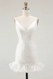 Sparkly White V Neck Sequins Mini Graduation Dress With Ruffles